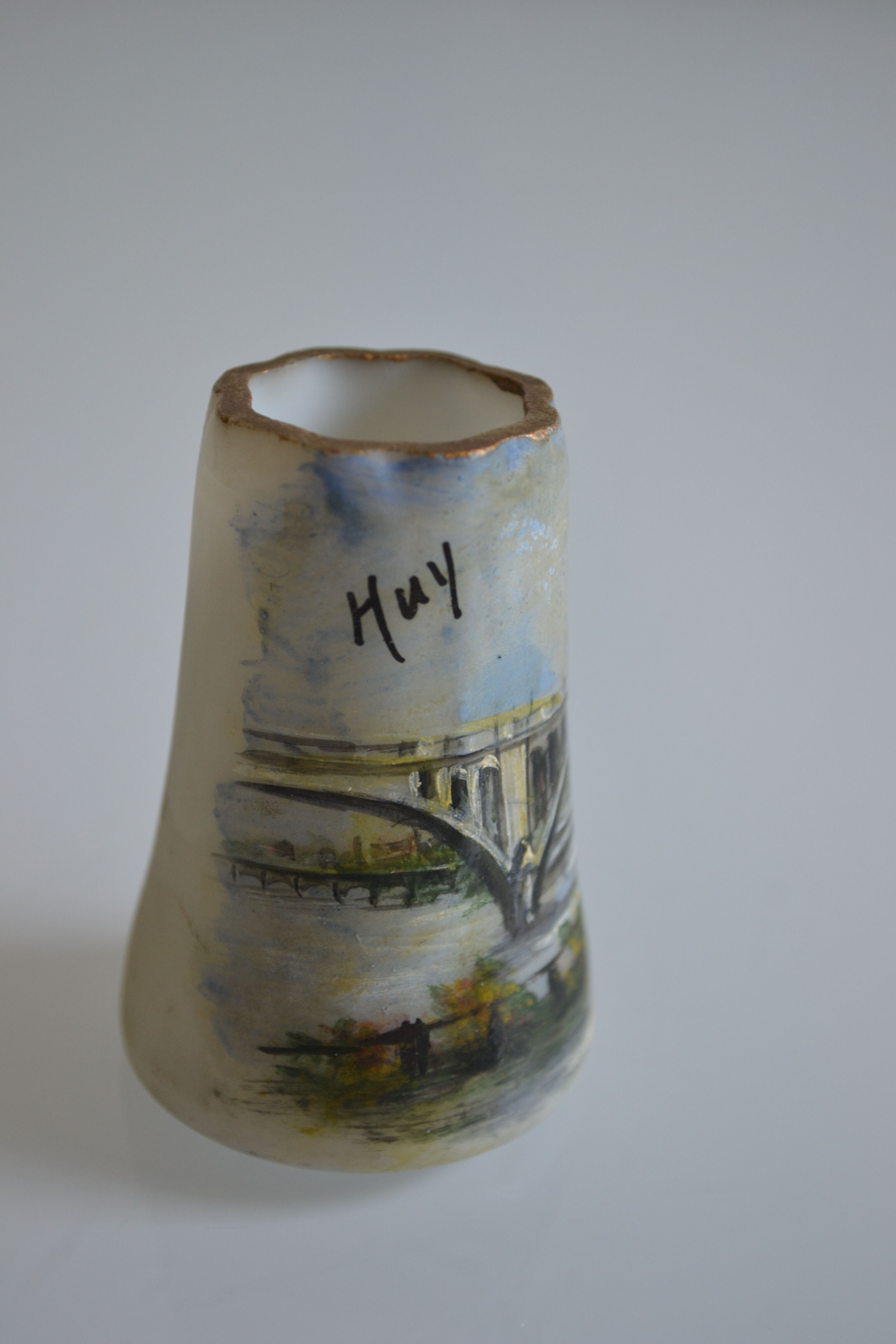 miniature vase with painted decoration from the city of Huy in Belgium