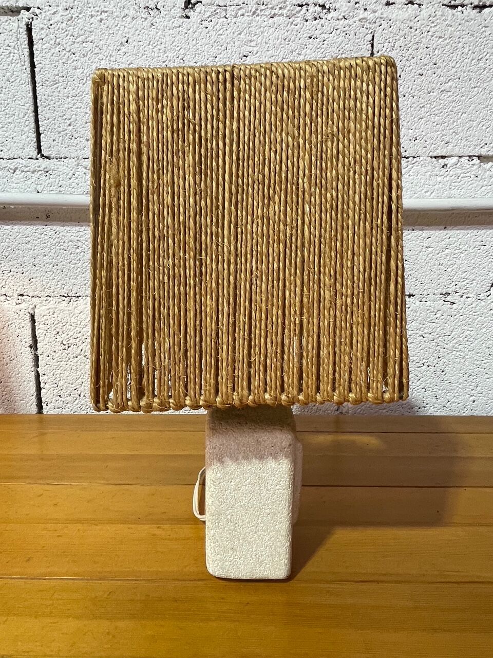Vintage stone lamp with a cord lampshade from the 1970s.