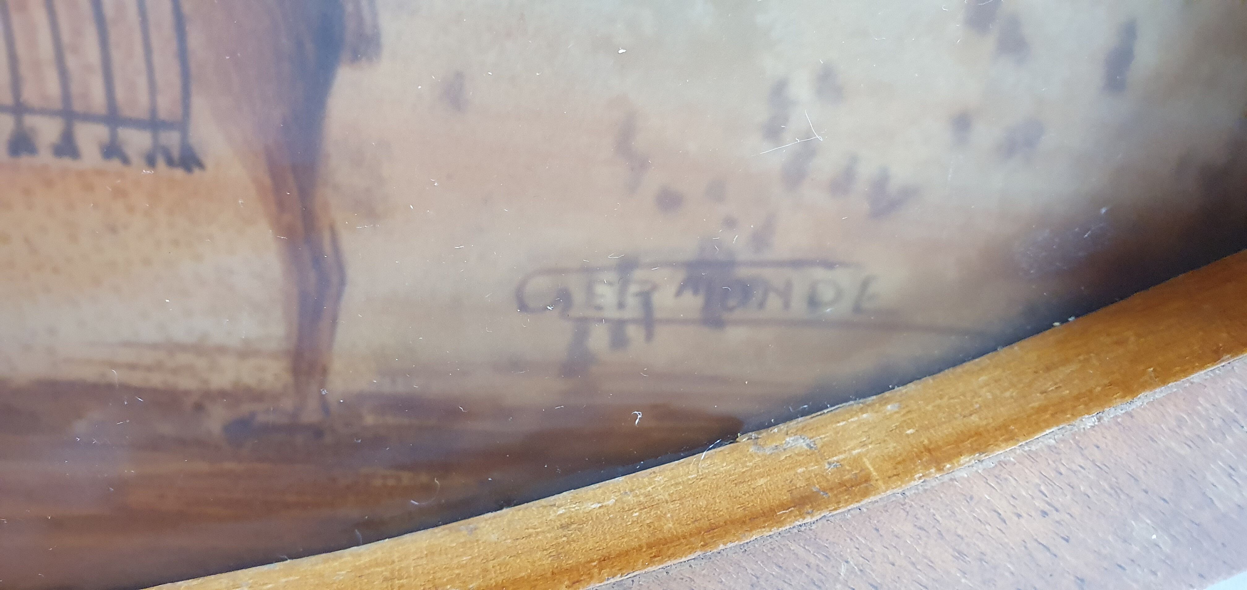 Service tray orientalist painting under glass