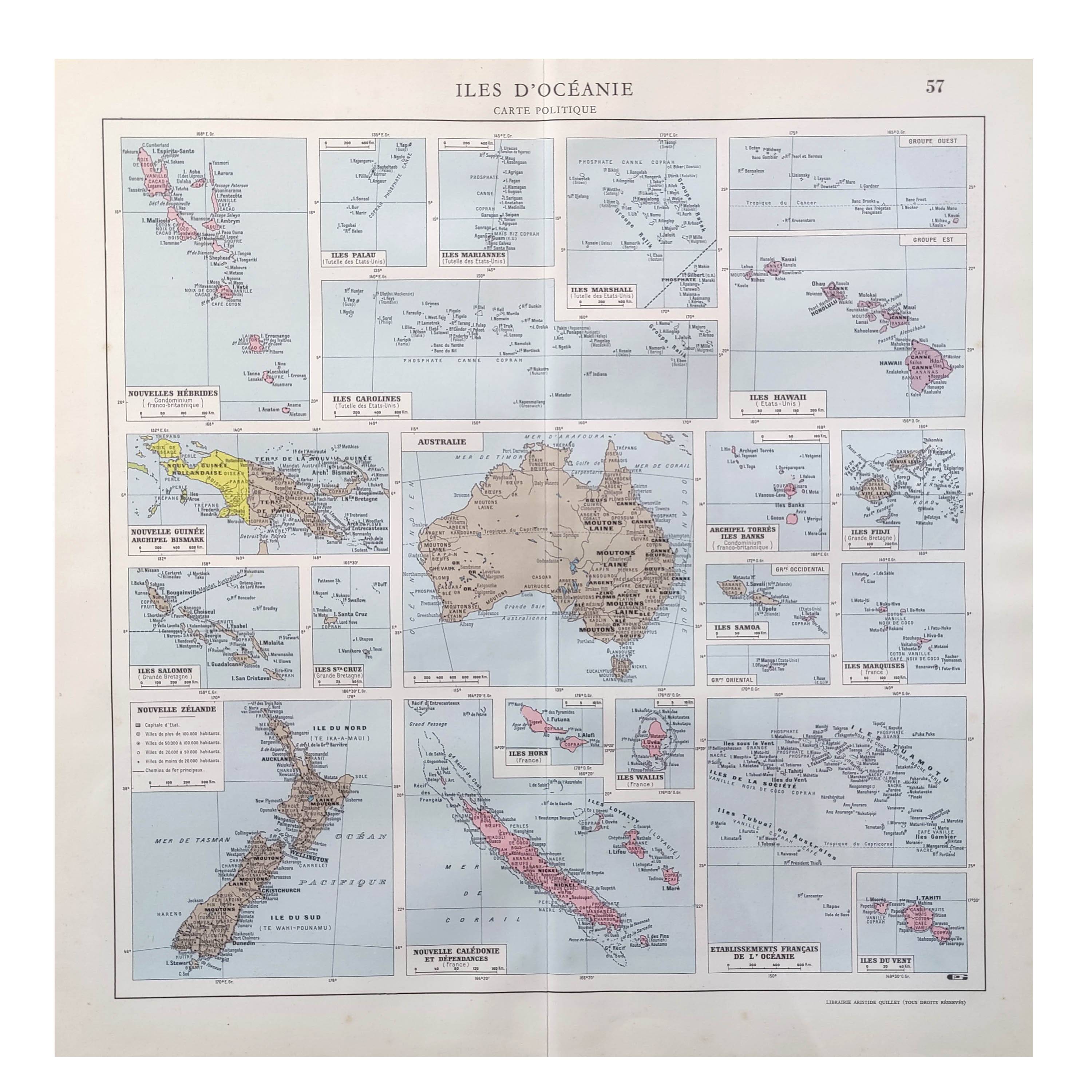 Vintage map on the islands of Oceania Australia Hawaii 43x43cm from 1950