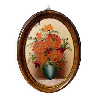 Peinture à l'huile sur bois bouquet floral avec cadre bois ovale début XXe  28cm