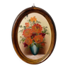 Oil painting on wood floral bouquet with oval wooden frame early 20th century 28cm