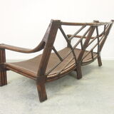 Mid century vintage boho 2-seater sofa with leather cushions