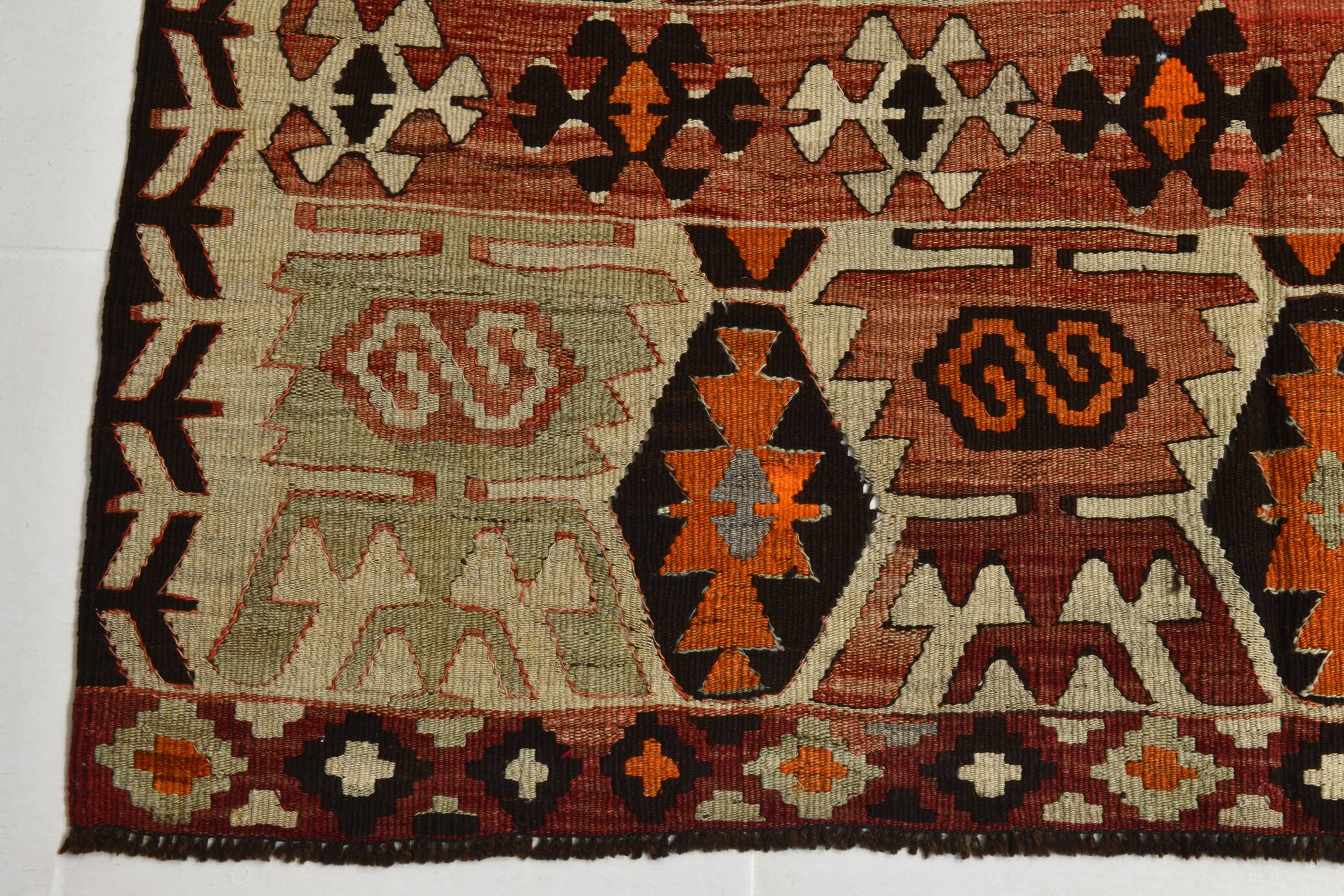 Light Green & Orange Tribal Turkish Kilim Rug, 141x305Cm