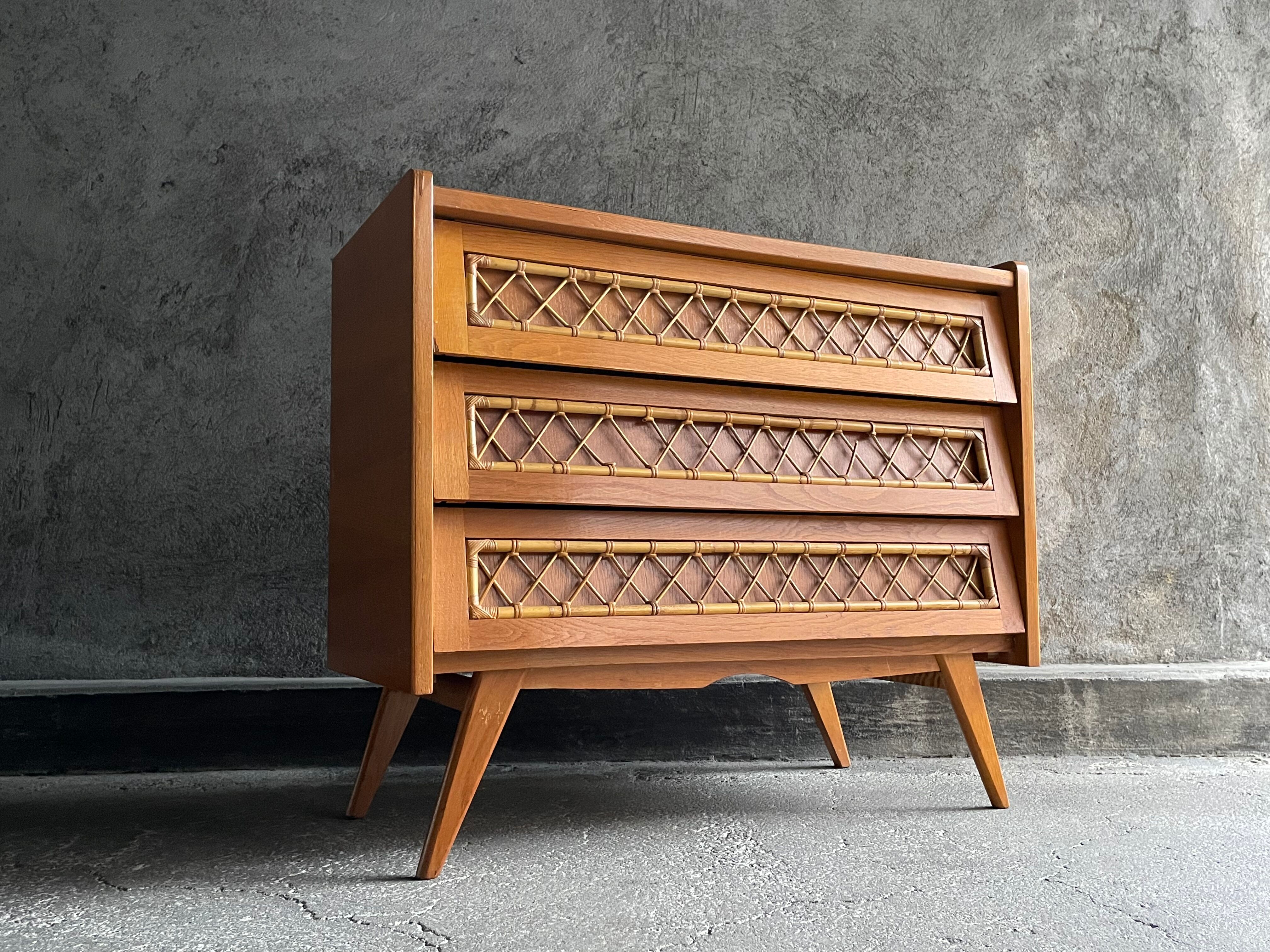3-drawer chest of drawers with rattan decorations, France 1970s
