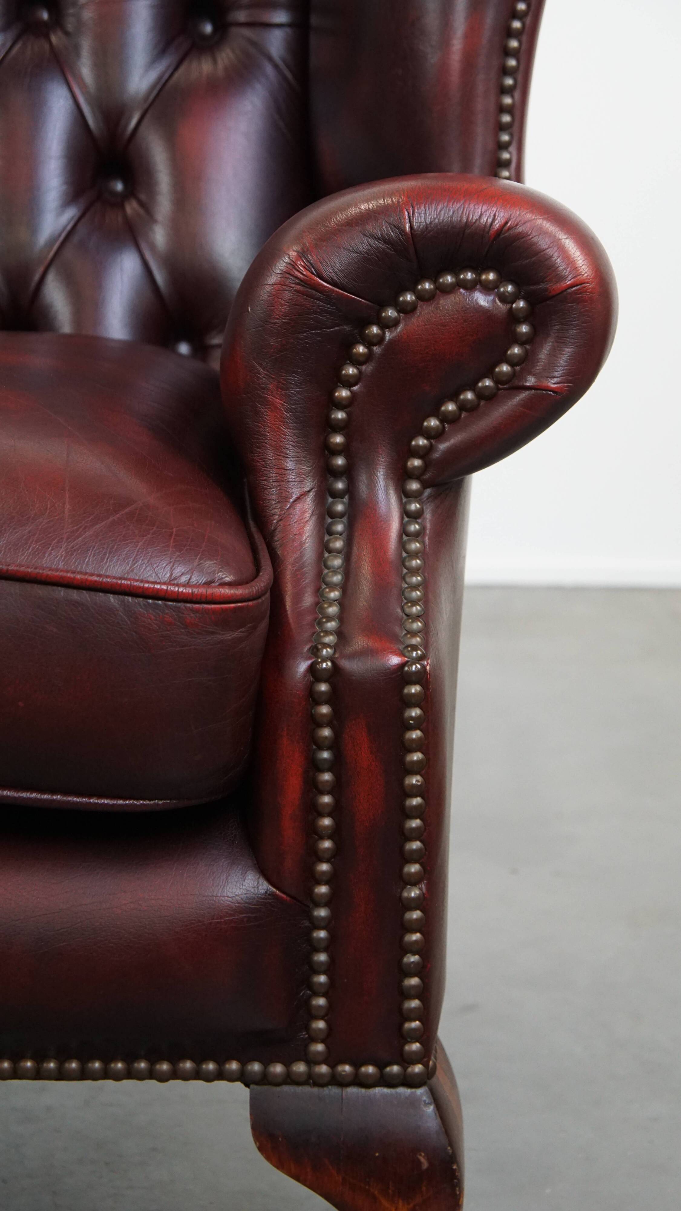 Red Cowhide Leather English Chesterfield Wingback Chair