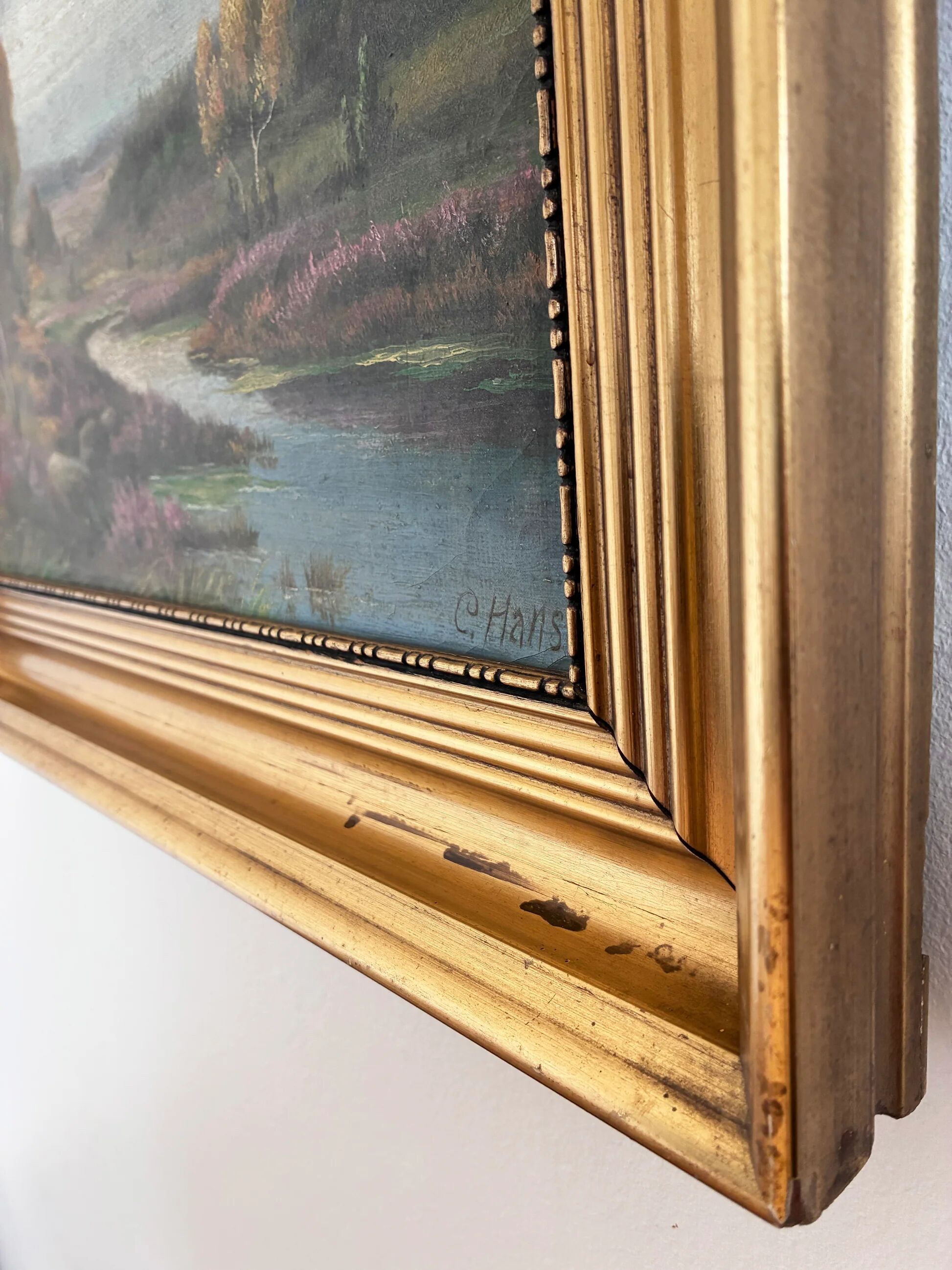Vintage original river landscape oil painting
