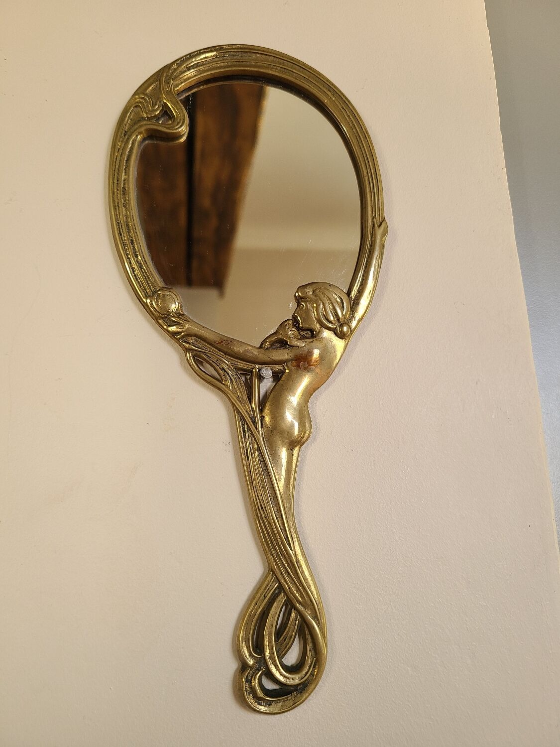 Old bronze mirror by hand, art deco woman's nude