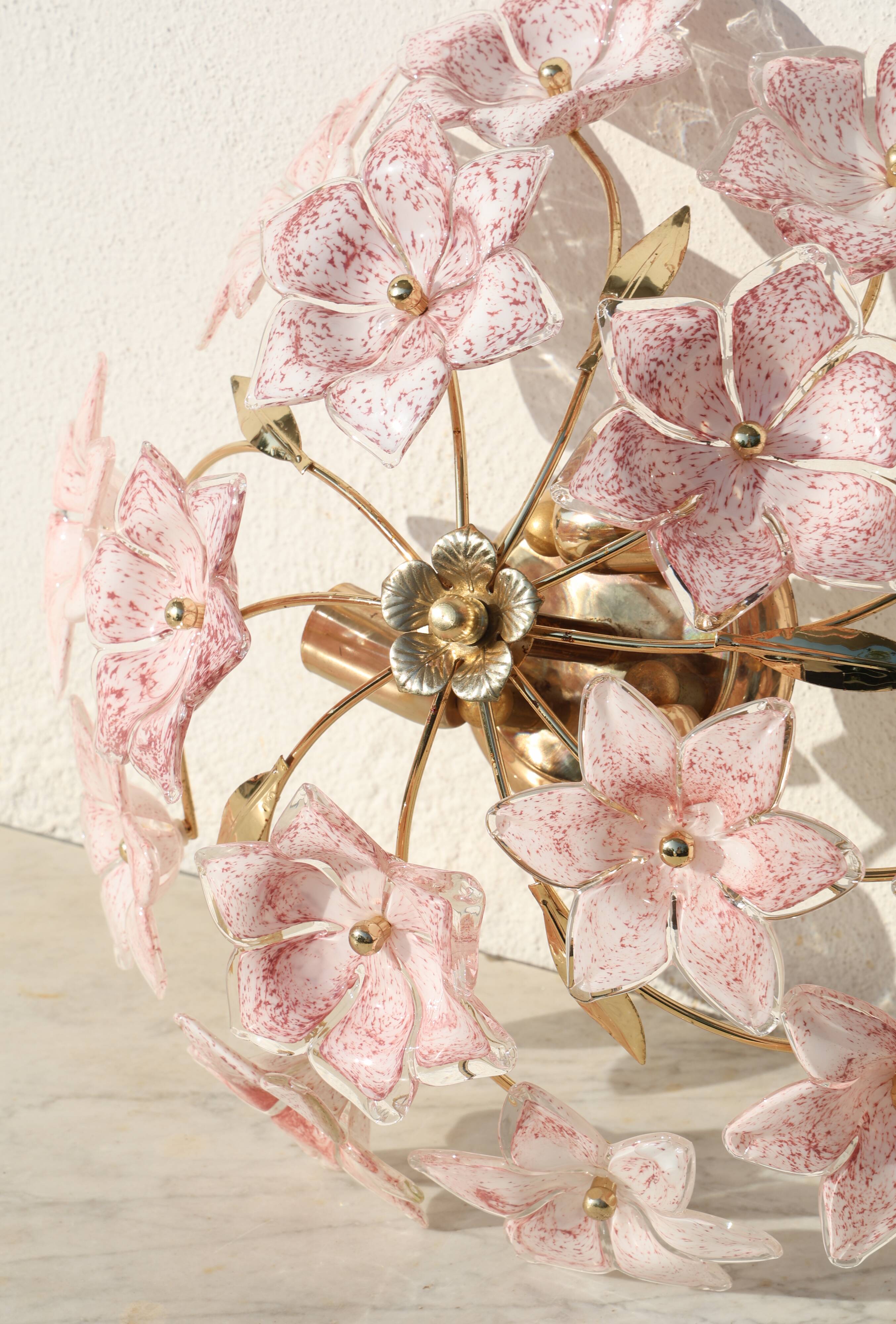 Lustre vintage Murano fleurs roses, années 1970