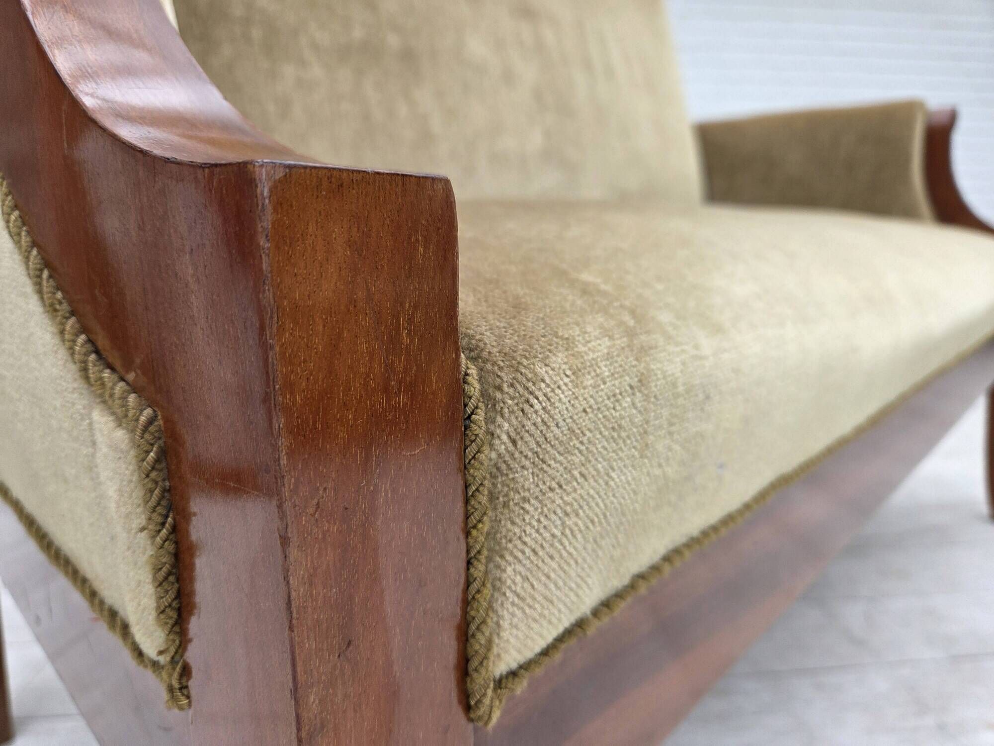 1950s, 2 seater Danish highback sofa, furniture velour, laqered teak wood.