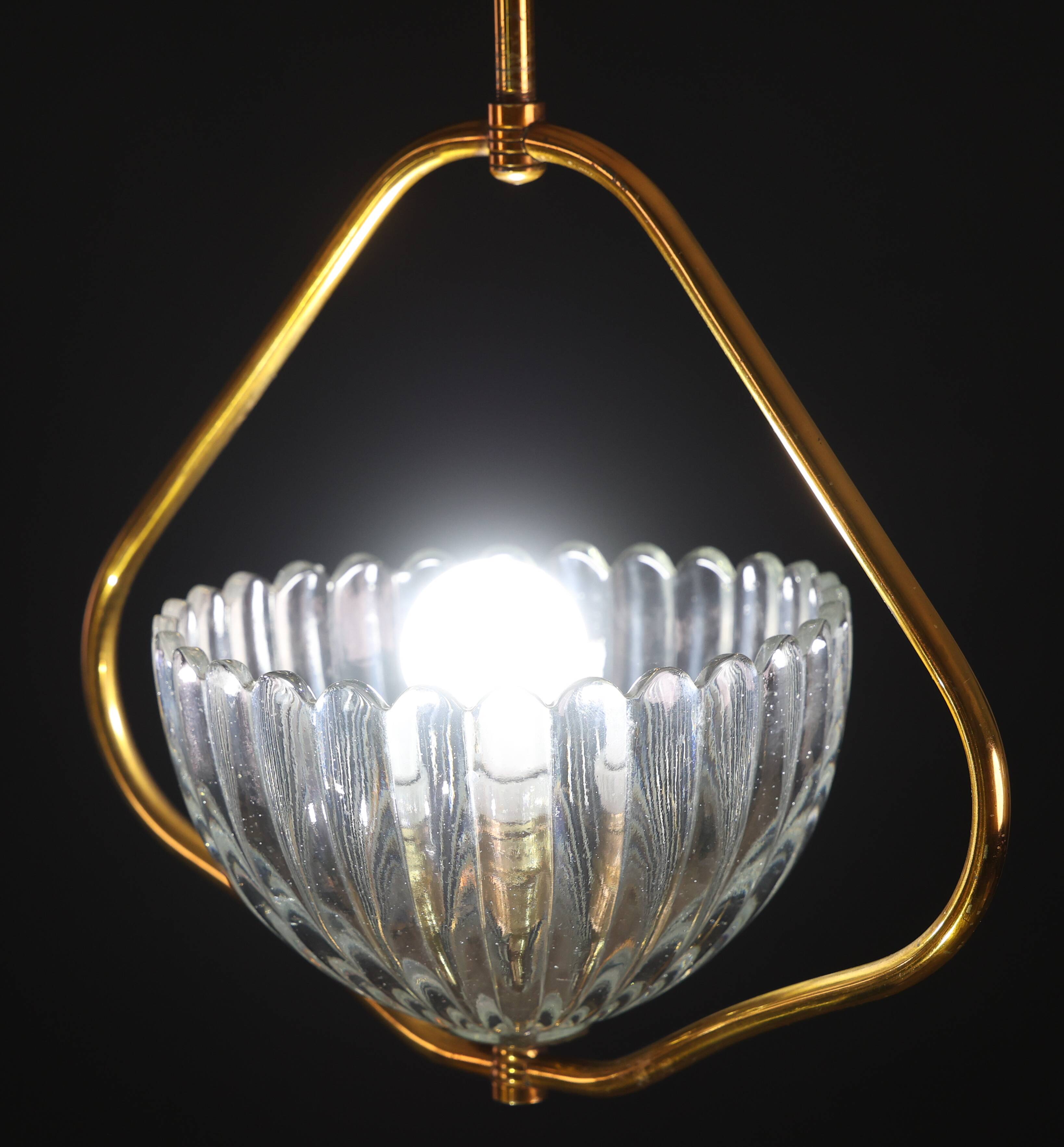 Art Decò Barovier e Toso Murano Glass and Brass Pendant Light, 1950