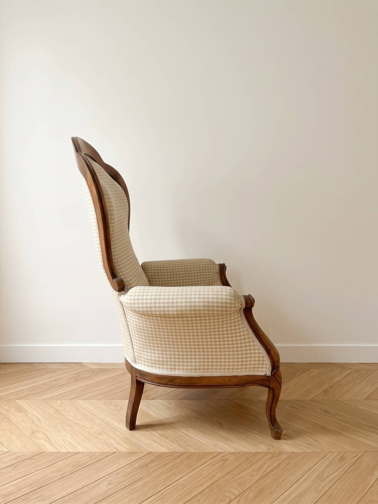 Pair of Voltaire armchairs in wood and gingham fabric.