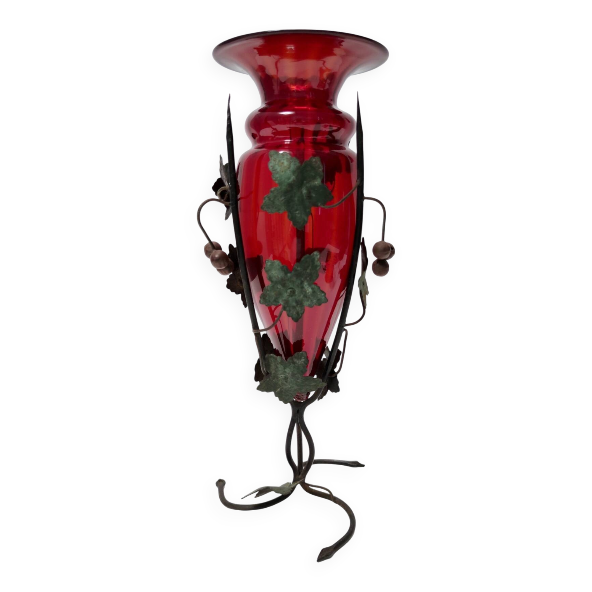 Ruby Red Murano Glass Vase with Iron Grape Vines Ascribable to Umberto Bell