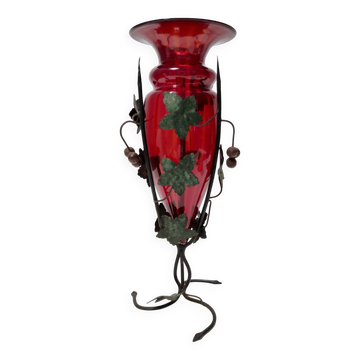 Ruby Red Murano Glass Vase with Iron Grape Vines Ascribable to Umberto Bell