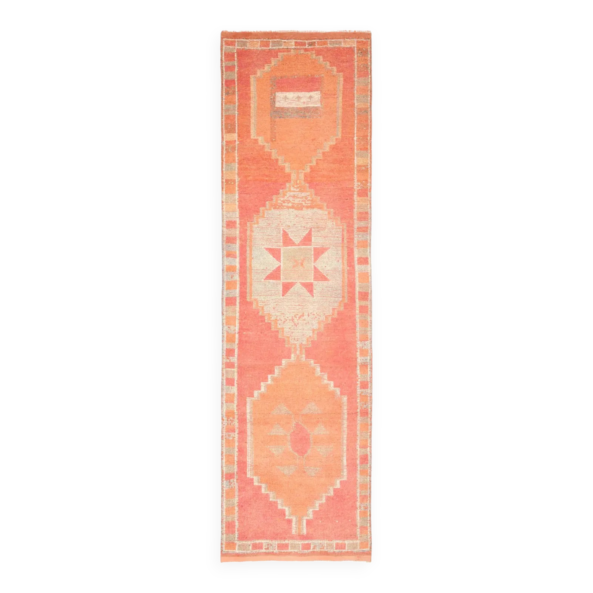 Vintage Turkish hand-knotted wool cotton orange runner rug 96x339