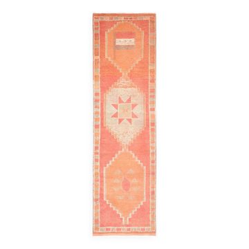 Vintage Turkish hand-knotted wool cotton orange runner rug 96x339