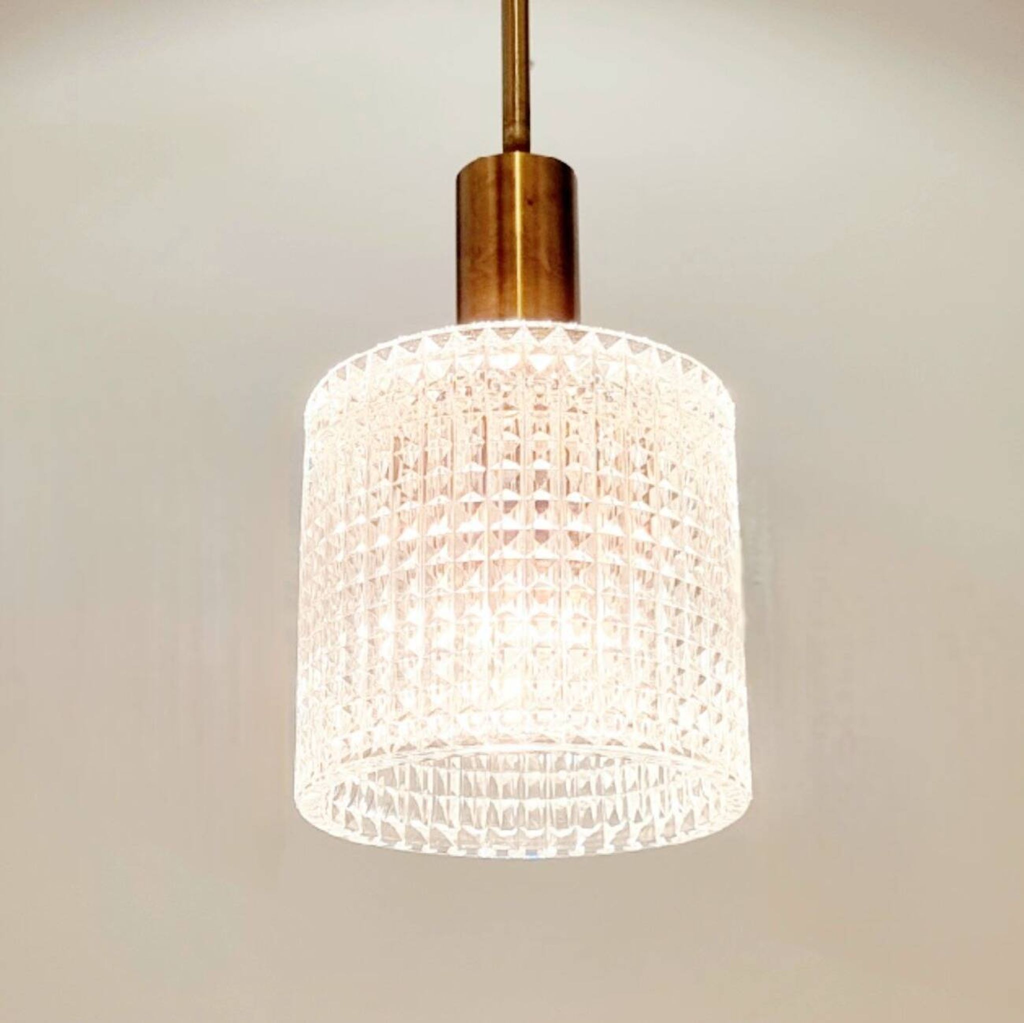 Mid-Century Scandinavian Crystal Glass & Brass Ceiling Light by Fagerlund