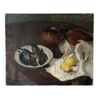 Oil on canvas still life with fish from the 1920s, antique painting.