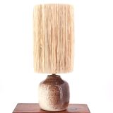 White and brown ceramic lamp, raffia shade