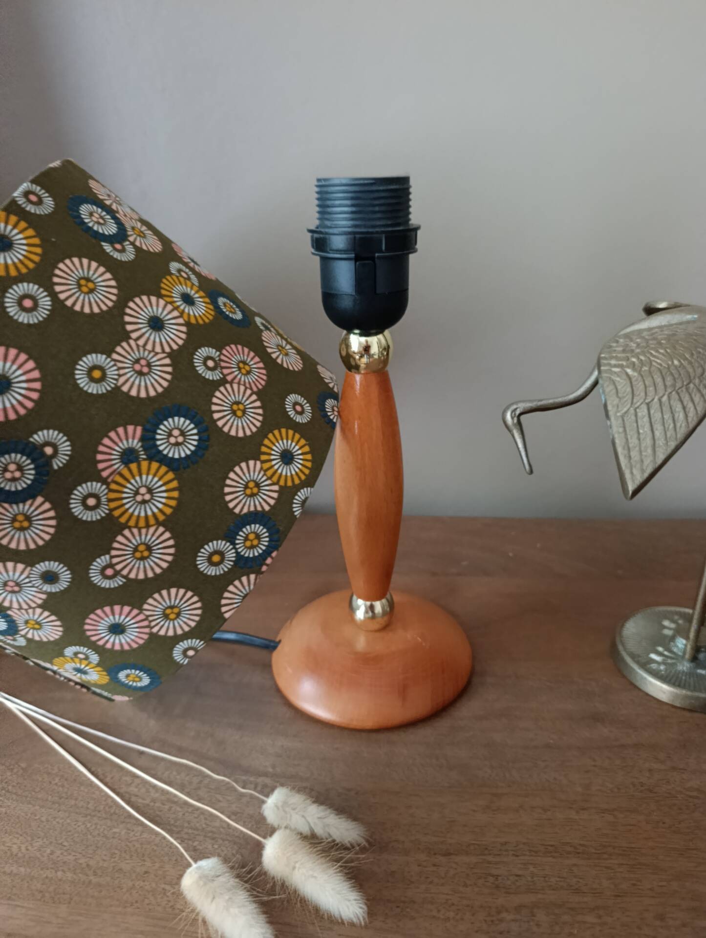 vintage Scandinavian table lamp with turned wood and Japanese lampshade