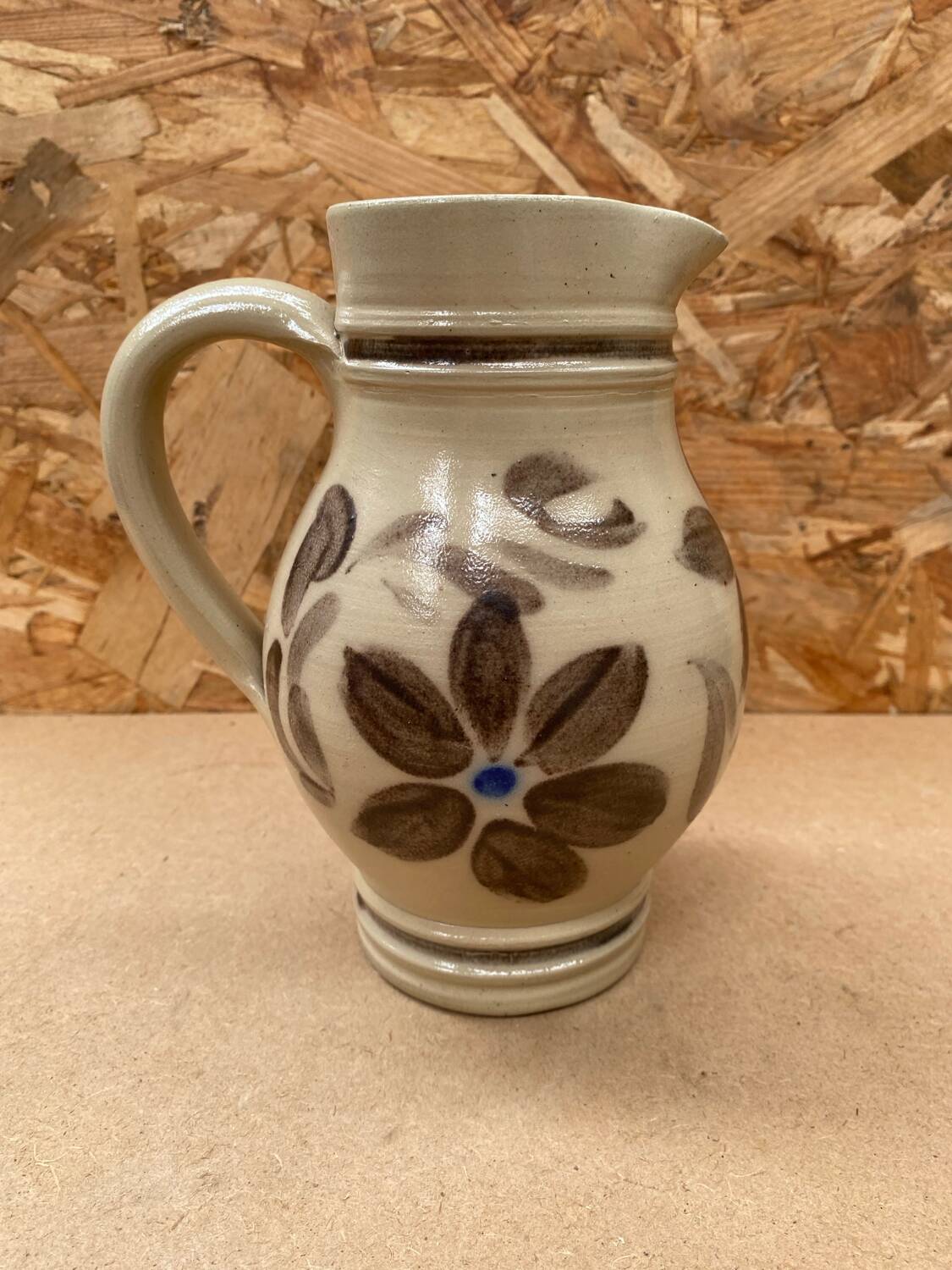 Old pitcher betschsorf stoneware beige deco flowers brown blue vintage