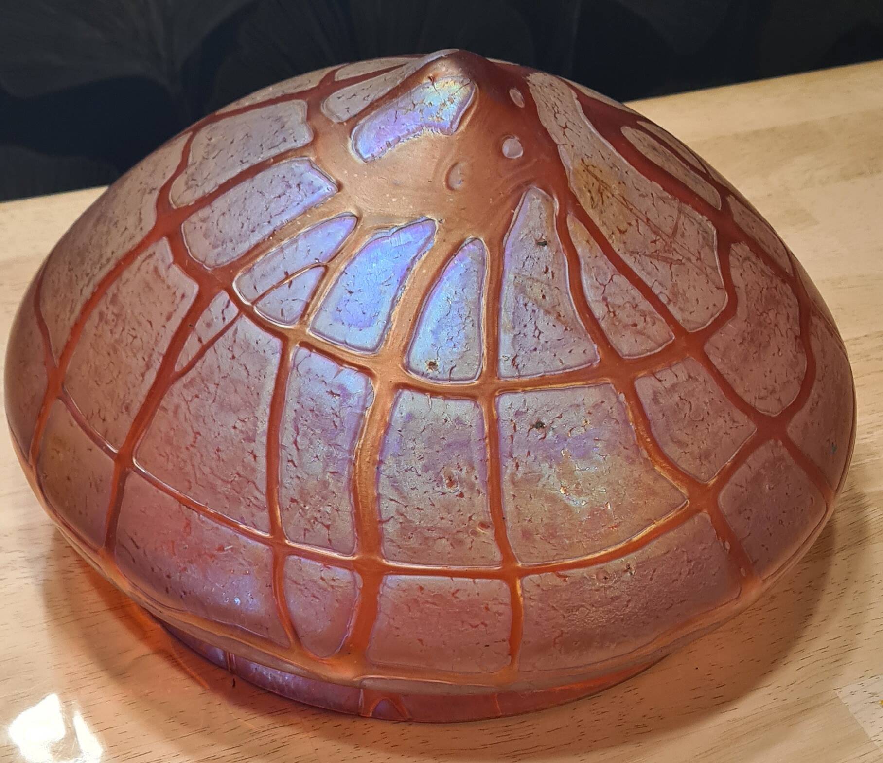 Austrian Art Nouveau bronze lamp with Loetz style art glass shade L54x32