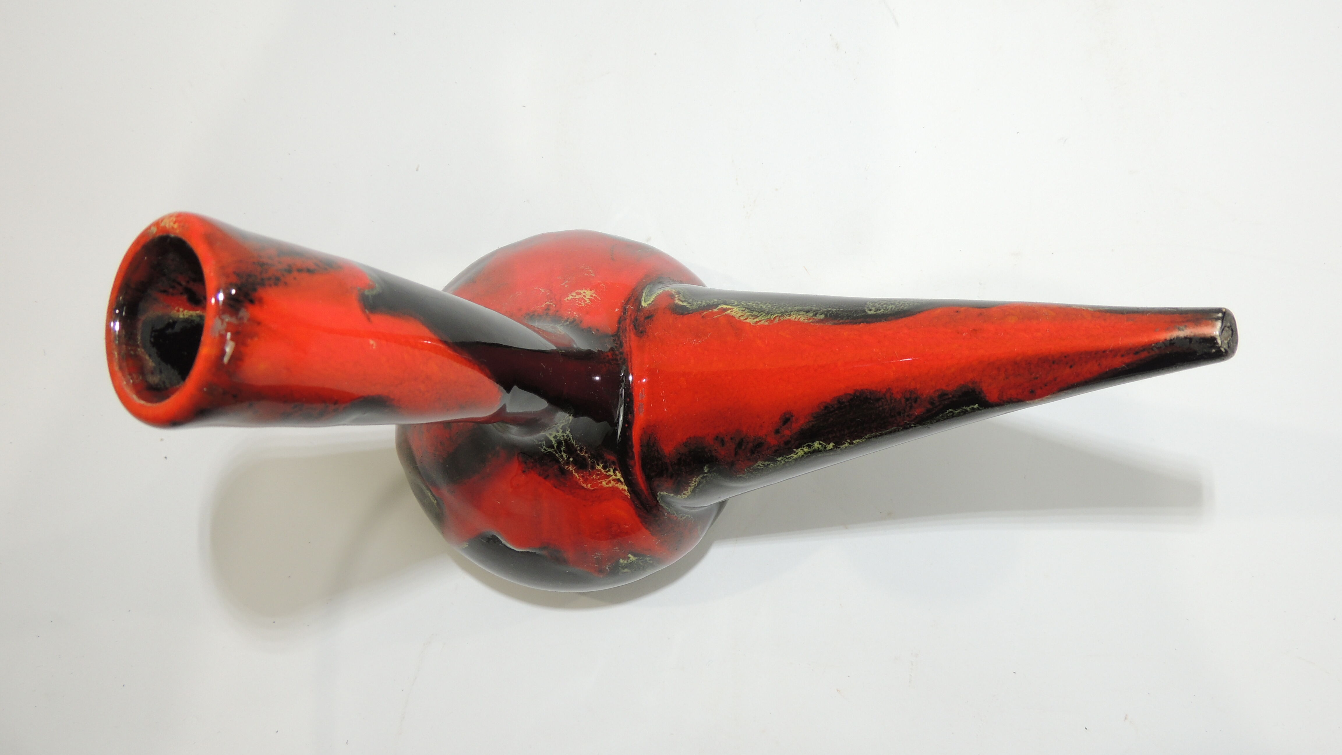 Glazed ceramic porron / Mid-century oil vase from Perpignan France black red and jau