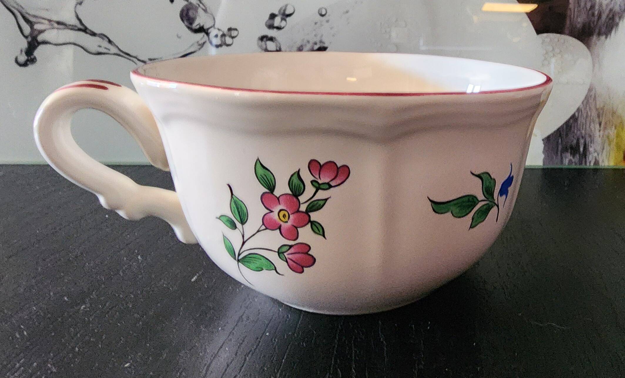 large breakfast cup saucer faience luneville kg street lamp flowers vintage