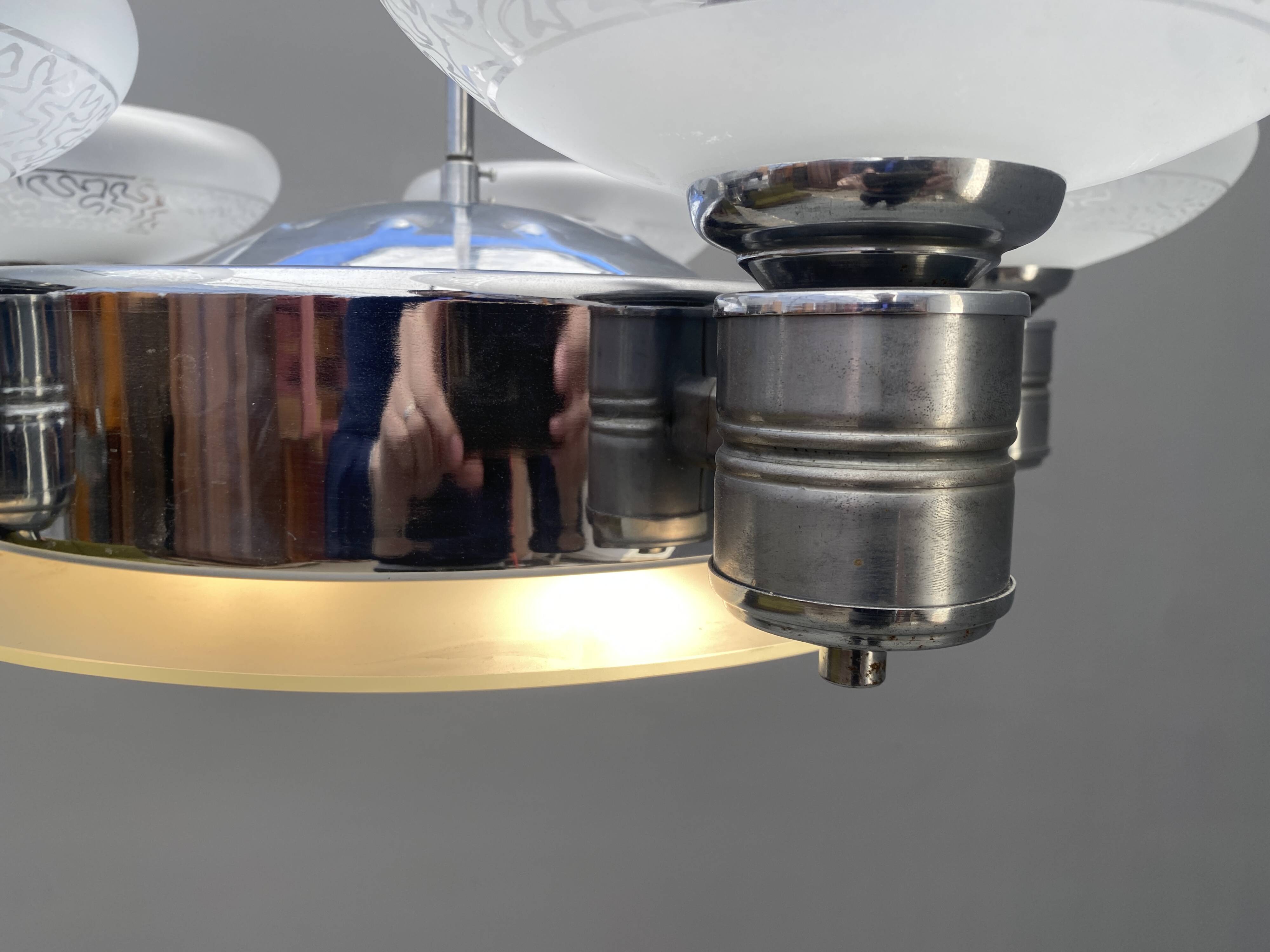 Art Deco Chrome Chandelier with Glass Bowl Shades