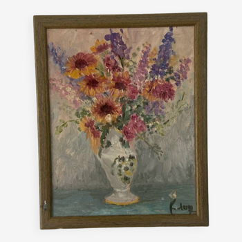 Huile sur panneau bouquet de fleurs 1950