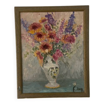 Huile sur panneau bouquet de fleurs 1950