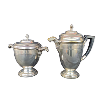 Silver metal coffee maker and sugar bowl set