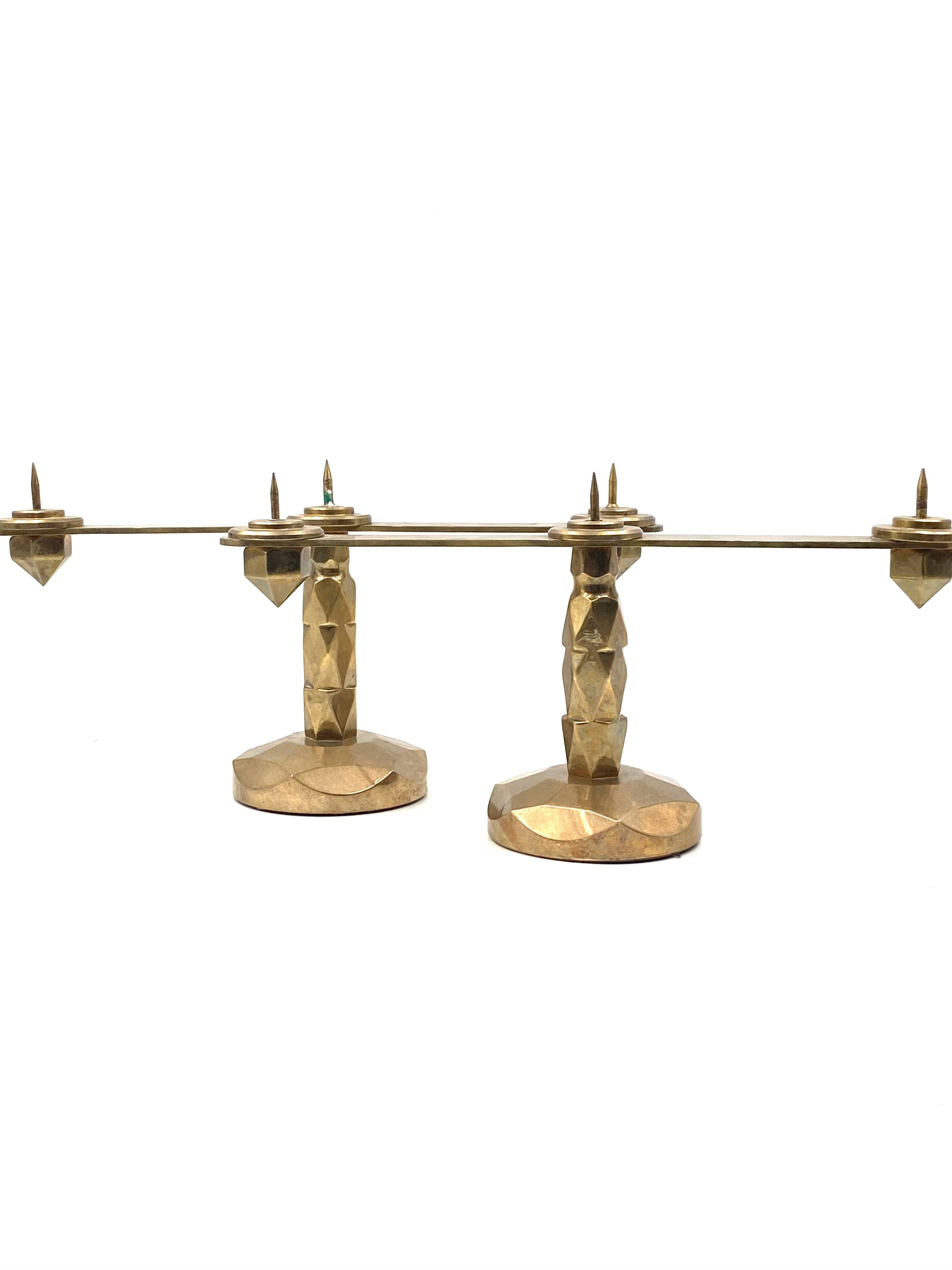 Brutalist brass pair of candle holders, France 1970