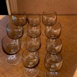 11 wine and water glasses in smoked grey glass and transparent base vintage 1970