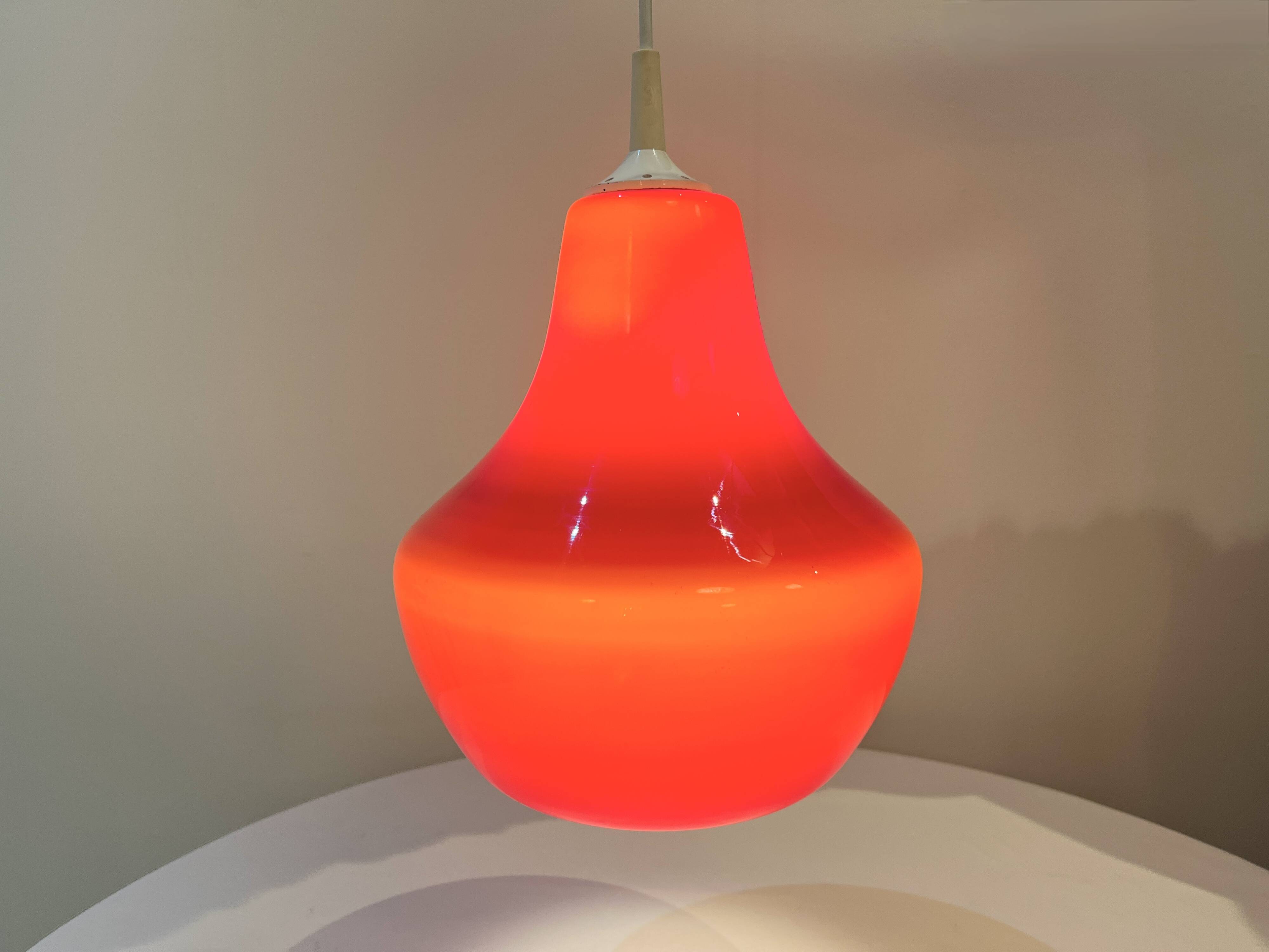 Red Opaline Glass Pendant Light 1970 Space Age Ceiling Lamp Free Form Orange