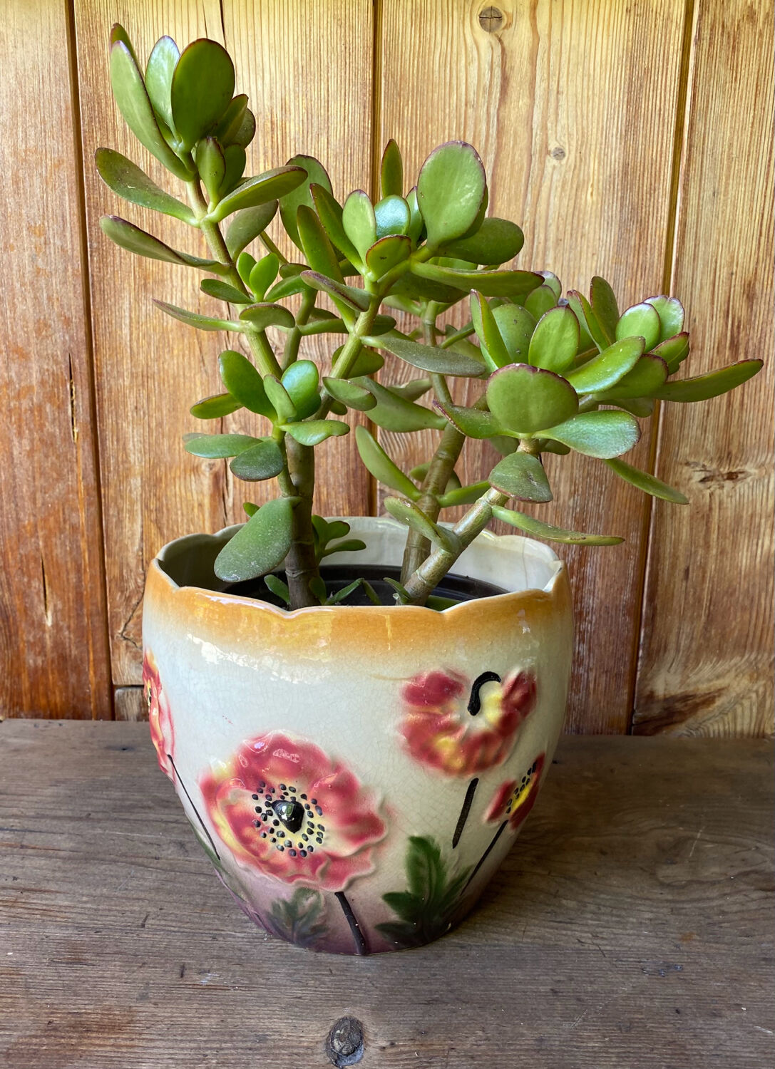 Earthenware cache pot with slip decoration.