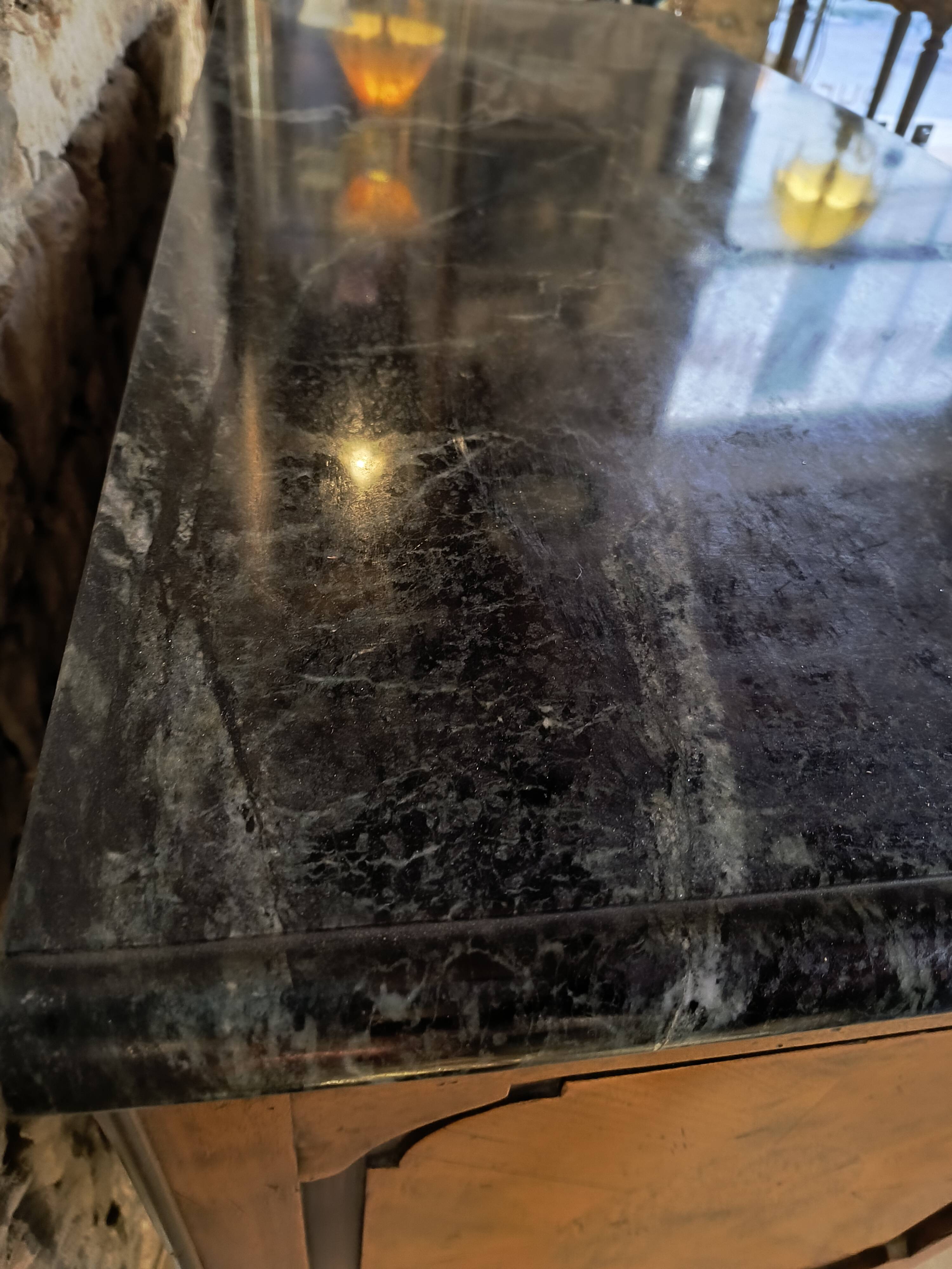 "Louis XIV" style commode with green Alpine marble and walnut burl.