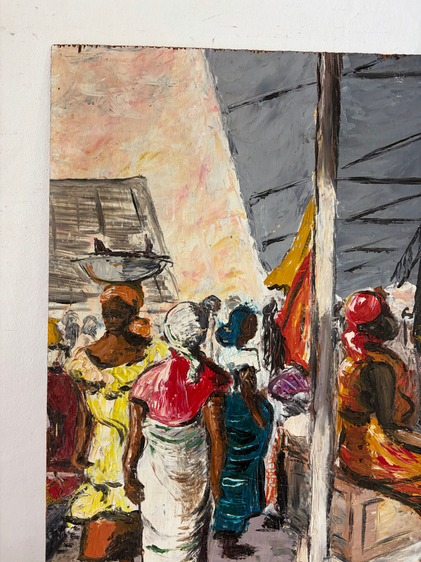 Market in Dakar, oil on panel signed G Vignesoult.