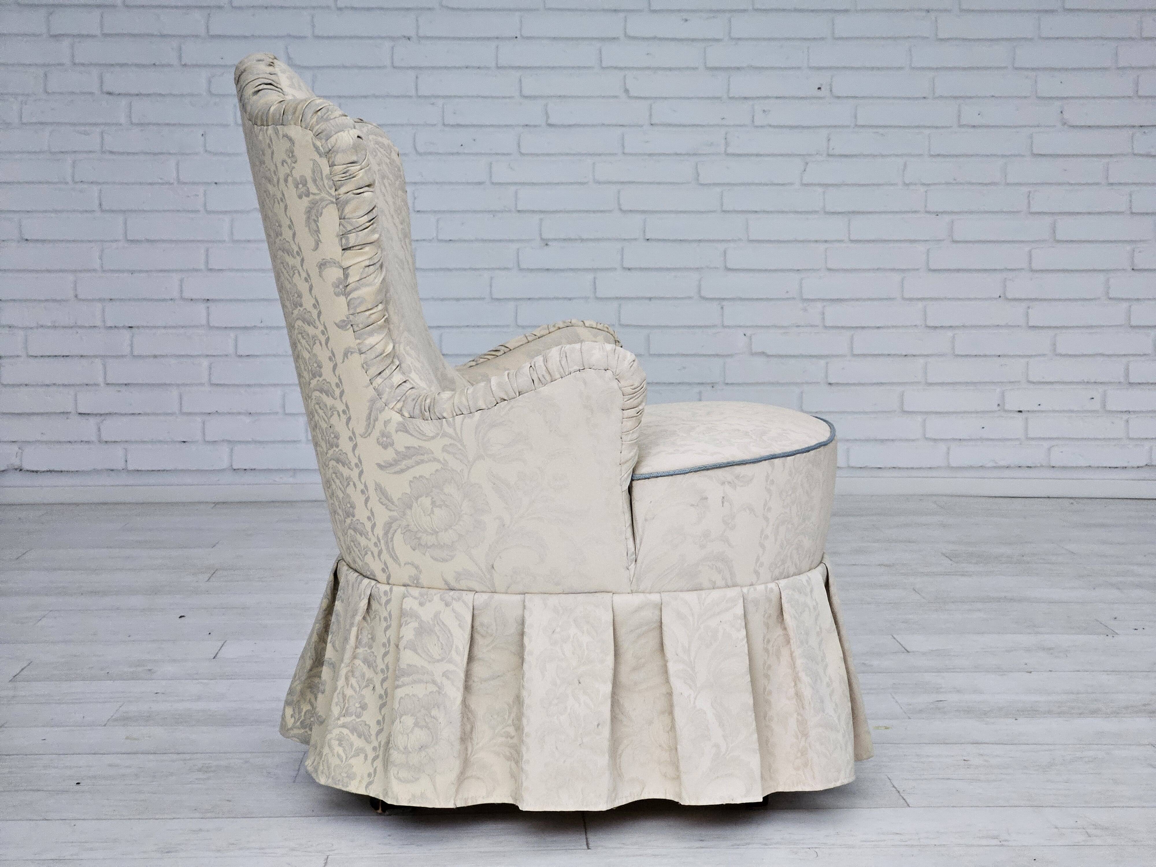 1950s, Danish armchair, reupholstered, creamy/white floral fabric.