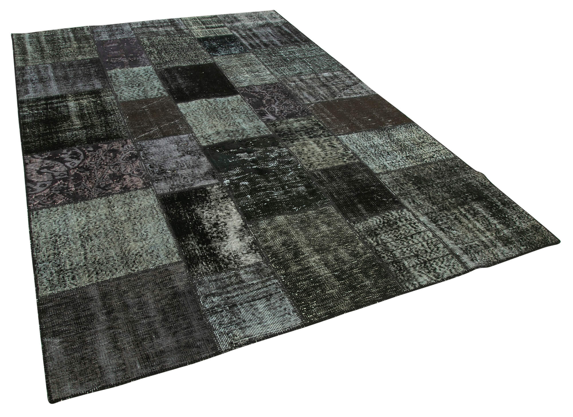 Hand-knotted oriental overdyed 198 cm x 300 cm black patchwork carpet