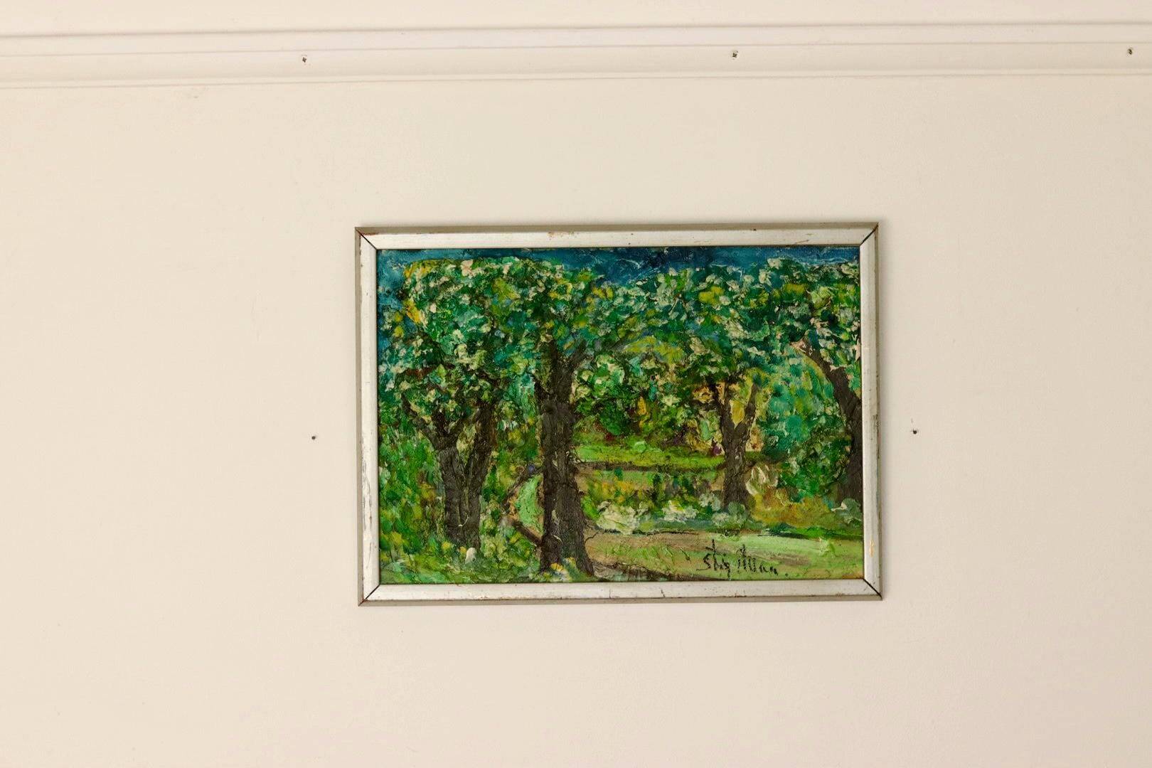 Swedish Original Mid-Century Oil On Board Painting" Clearing" by Stig Allan