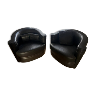 SET OF 2 BLACK LEATHER ARMCHAIRS