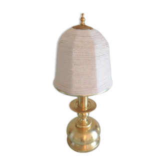 Brushed brass lamp and ecru wool lampshade / vintage 70s