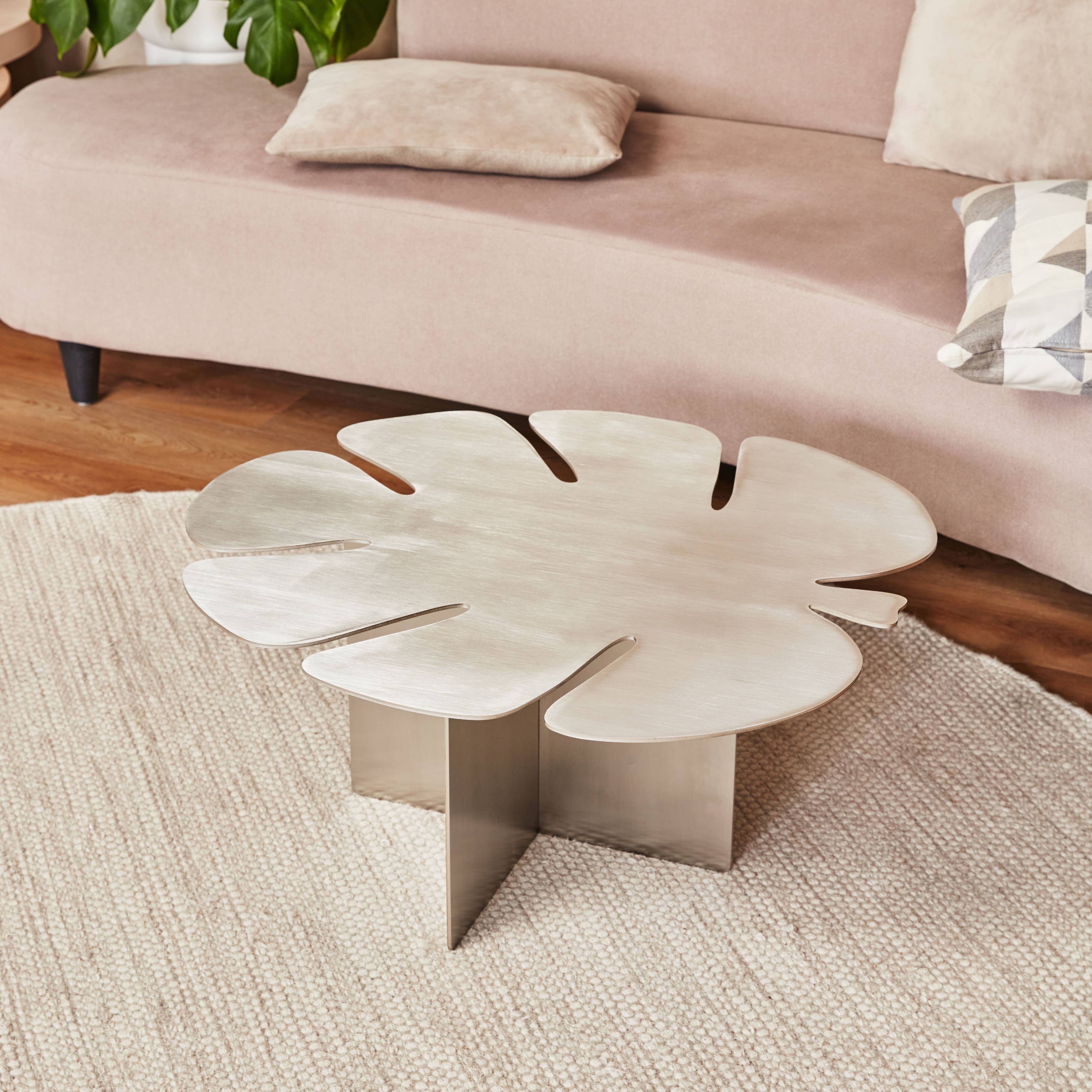 Table basse feuille Monstera – Acier inox brossé – Design sculptural