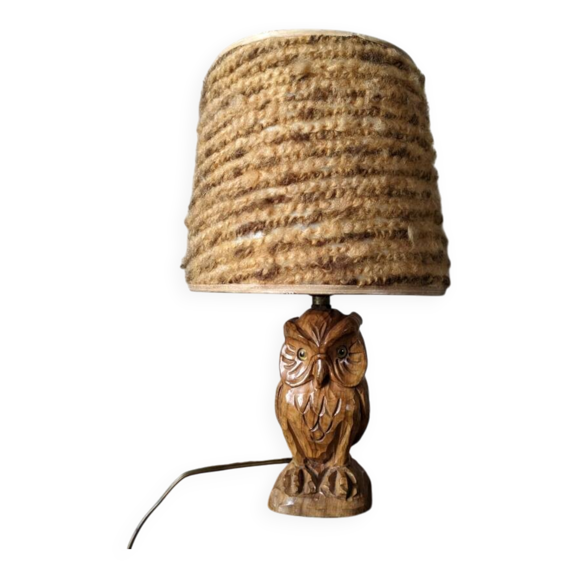 Vintage owl lamp with wool lampshade, handmade