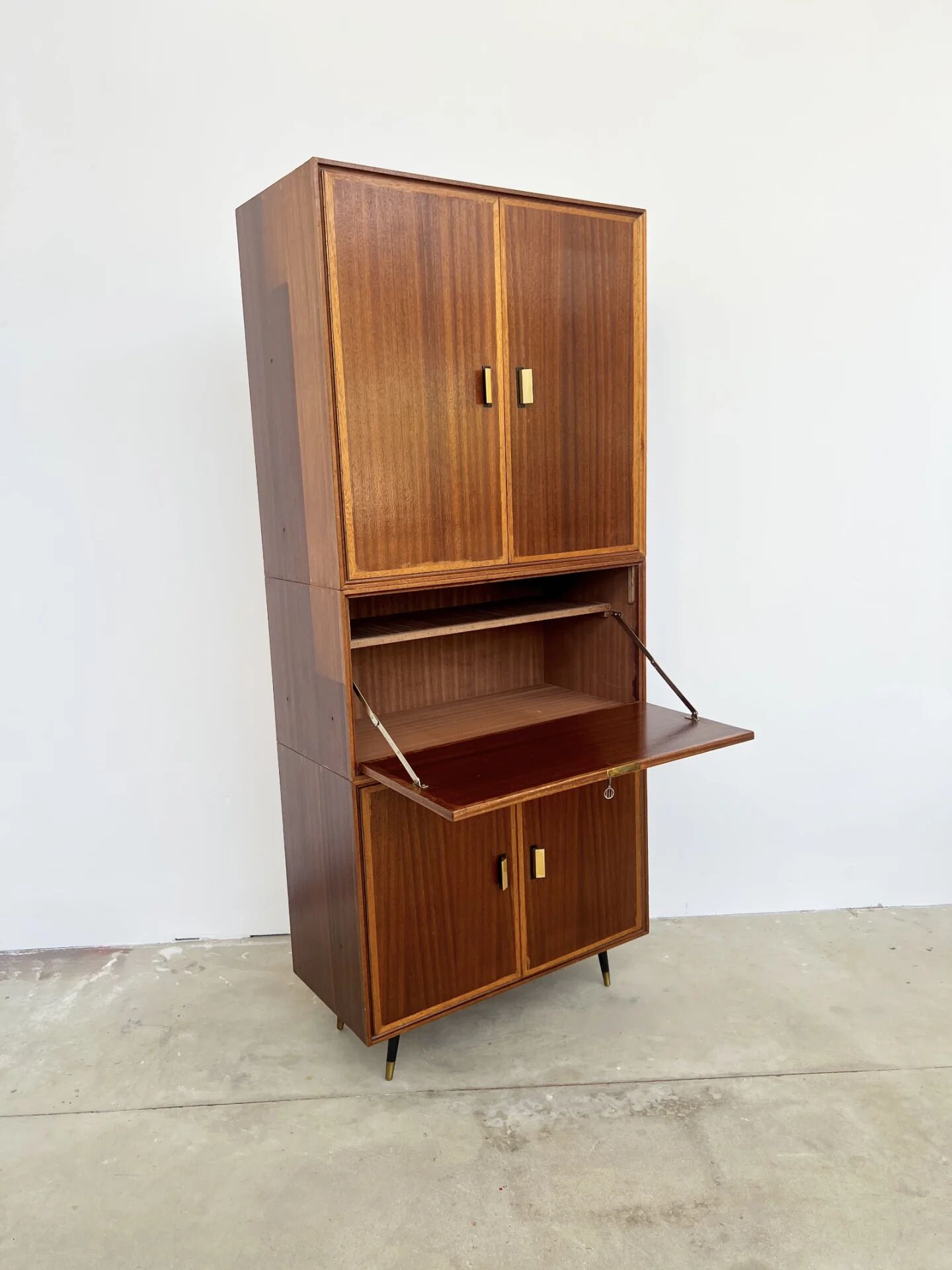 High mahogany cabinet with drop-down front — bar or secretary, custom-made, 1960s