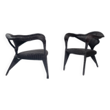 Sculptural rattan tripod armchairs in the manner of Boris Sipek