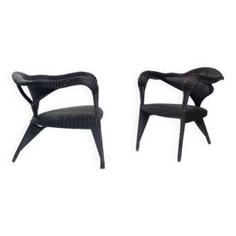 Sculptural rattan tripod armchairs in the manner of Boris Sipek