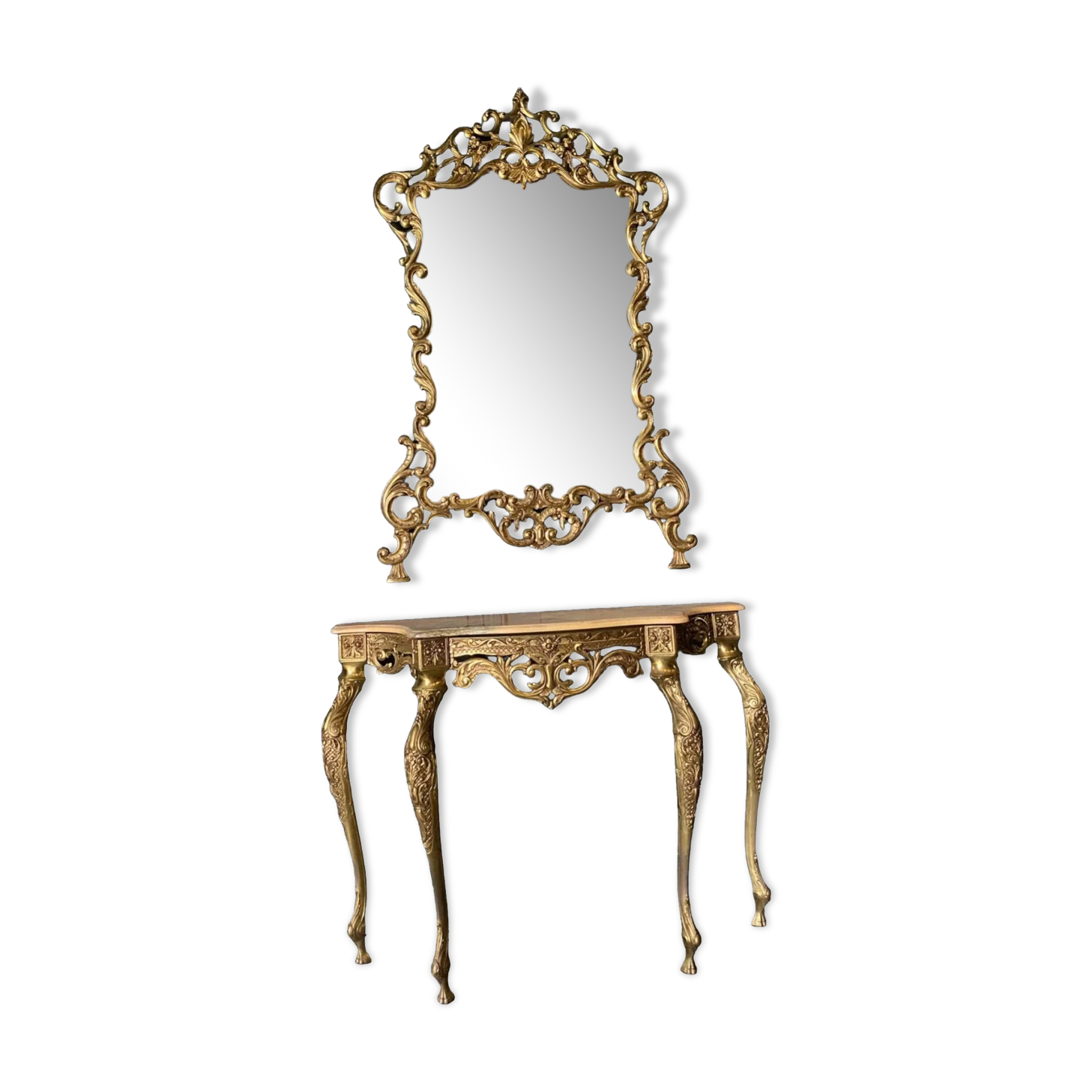 Gilded bronze console Louis XV style and its Mirror Mid-twentieth Marble