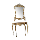 Console en bronze dorée style Louis XV et son miroir, milieu XXe marbre